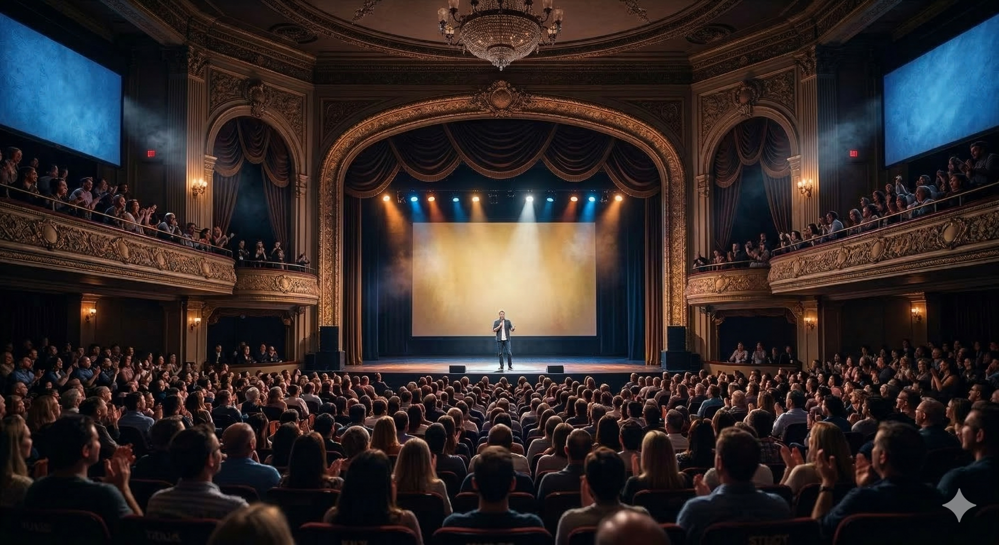 Stand-up comedy night on a theater stage with a full audience